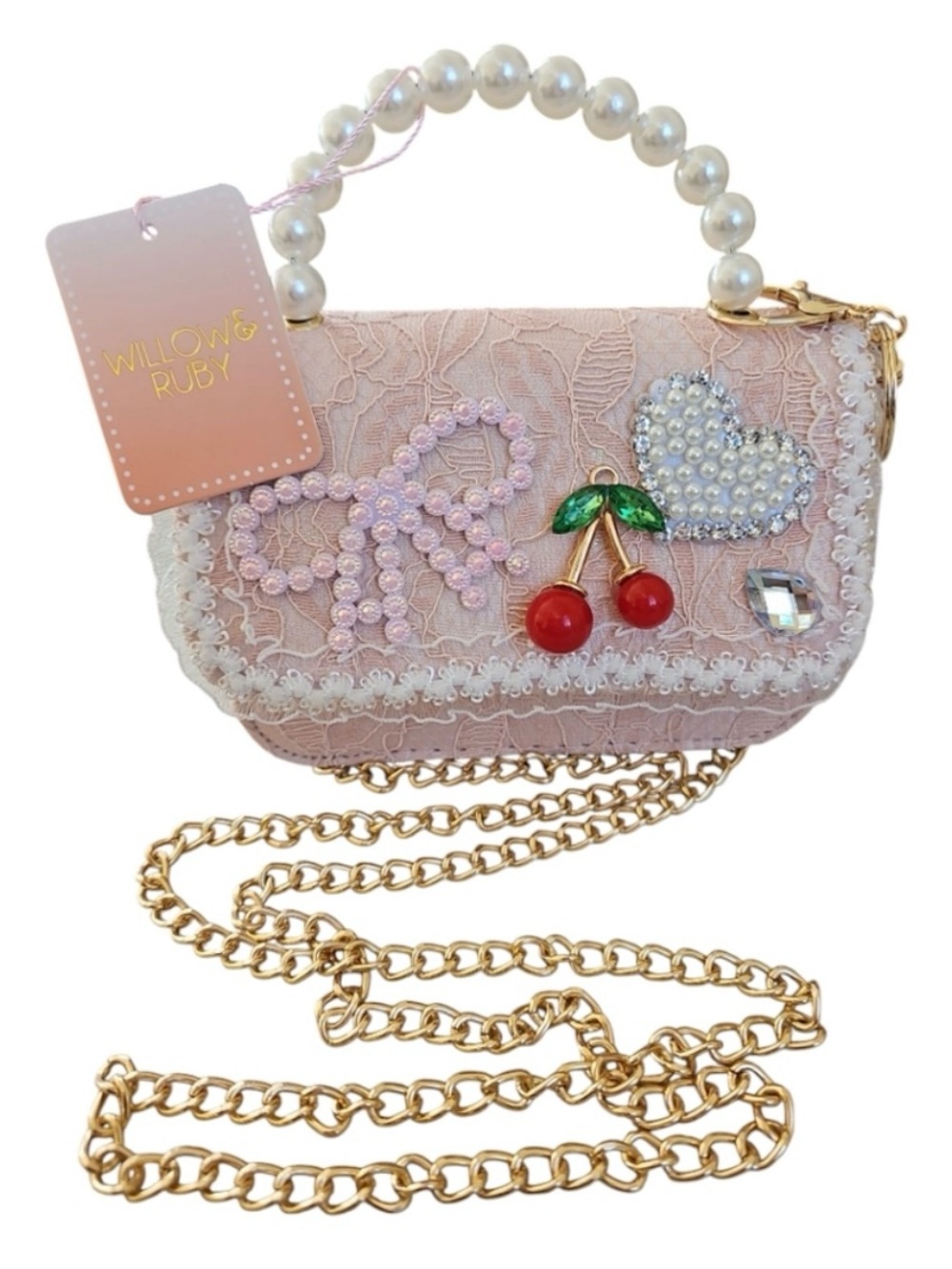 Willow & Ruby Coquette Baby Pink Pearl-Handle Crossbody Clutch Purse